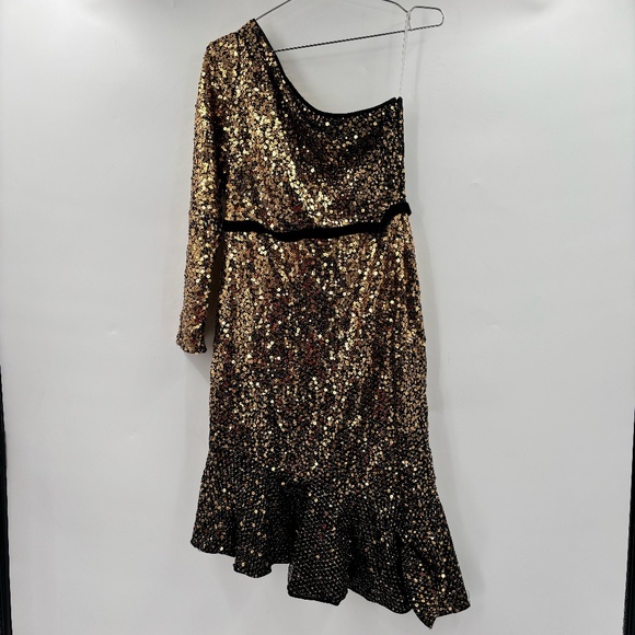 Marchesa Notte Sequin Ruffle One Shoulder Cocktail Dress Gold Size